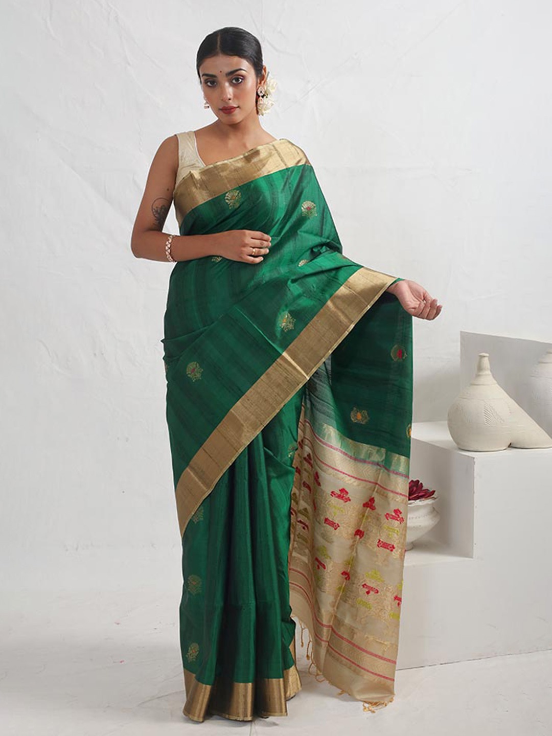 

AllSilks Ethnic Motifs Woven Designed Zari Saree, Green