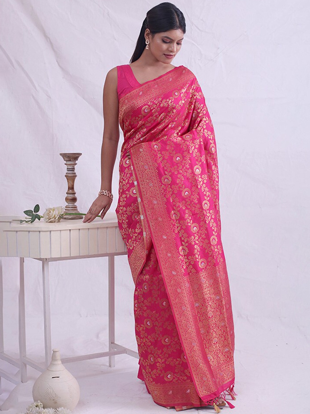 

AllSilks Ethnic Motifs Woven Designed Zari Saree, Pink