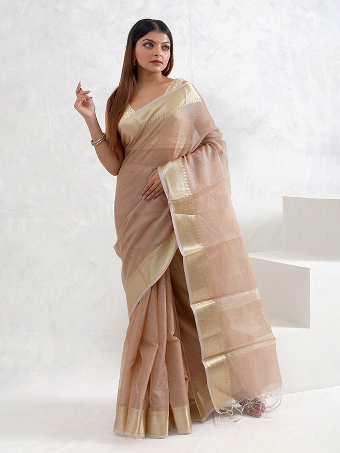 

AllSilks Zari Linen Blend Saree, Cream