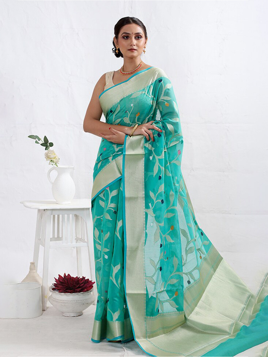 

AllSilks Floral Printed Zari Pure Cotton Saree, Blue