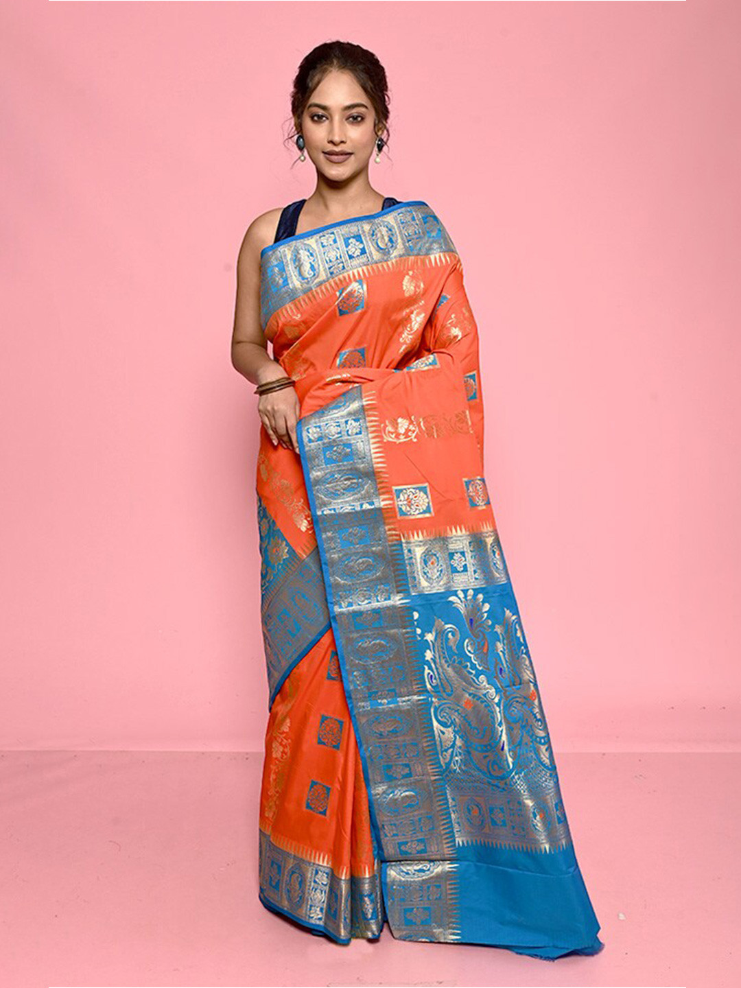 

AllSilks Ethnic Motifs Woven Design Pure Silk Kanjeevaram Saree, Rust