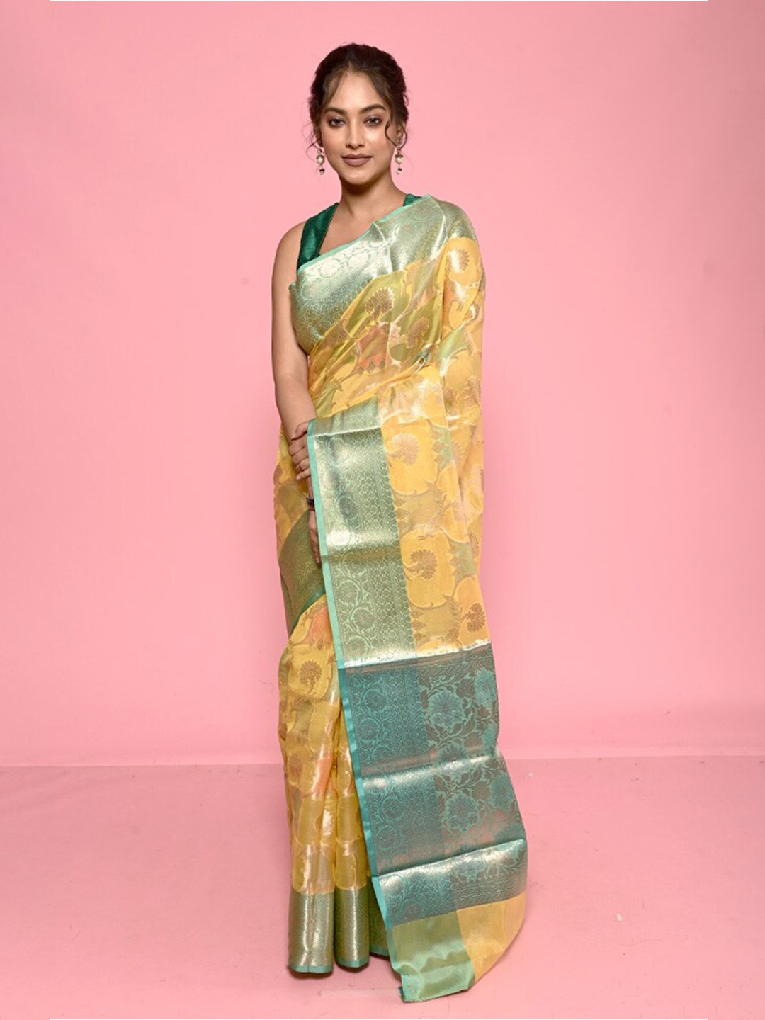 

AllSilks Ethnic Motifs Woven Design Zari Organza Saree, Yellow