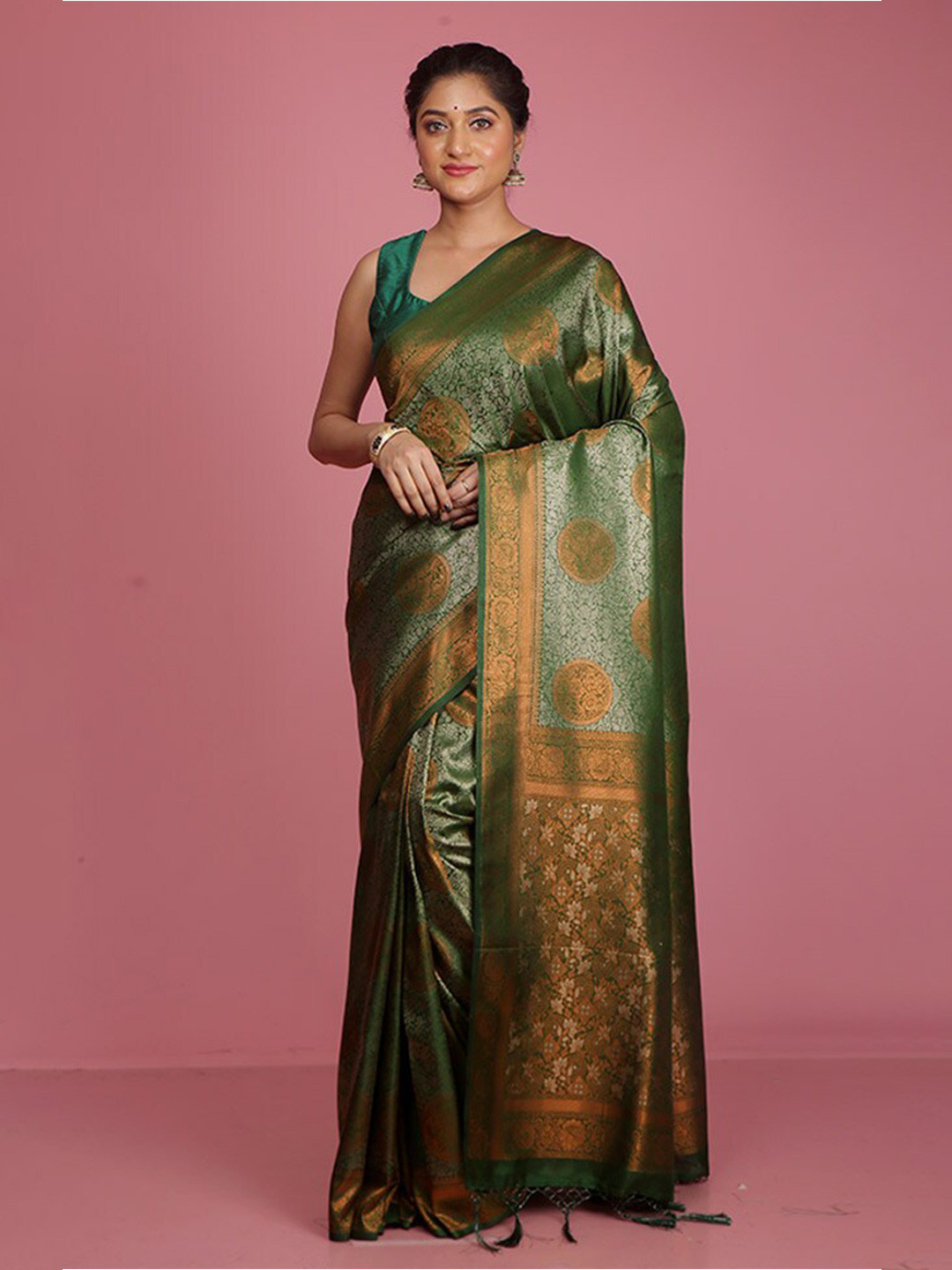 

AllSilks Ethnic Motifs Woven Design Zari Saree, Green