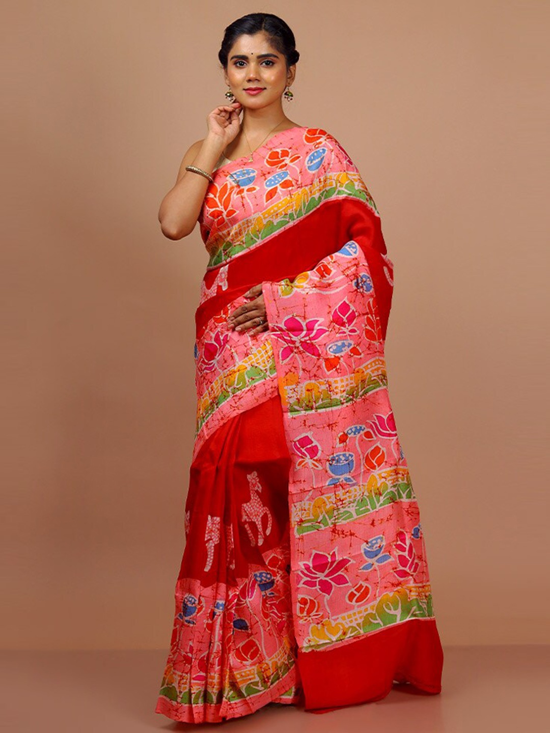 

AllSilks Floral Printed Pure Silk Murshidabad silk Saree, Red