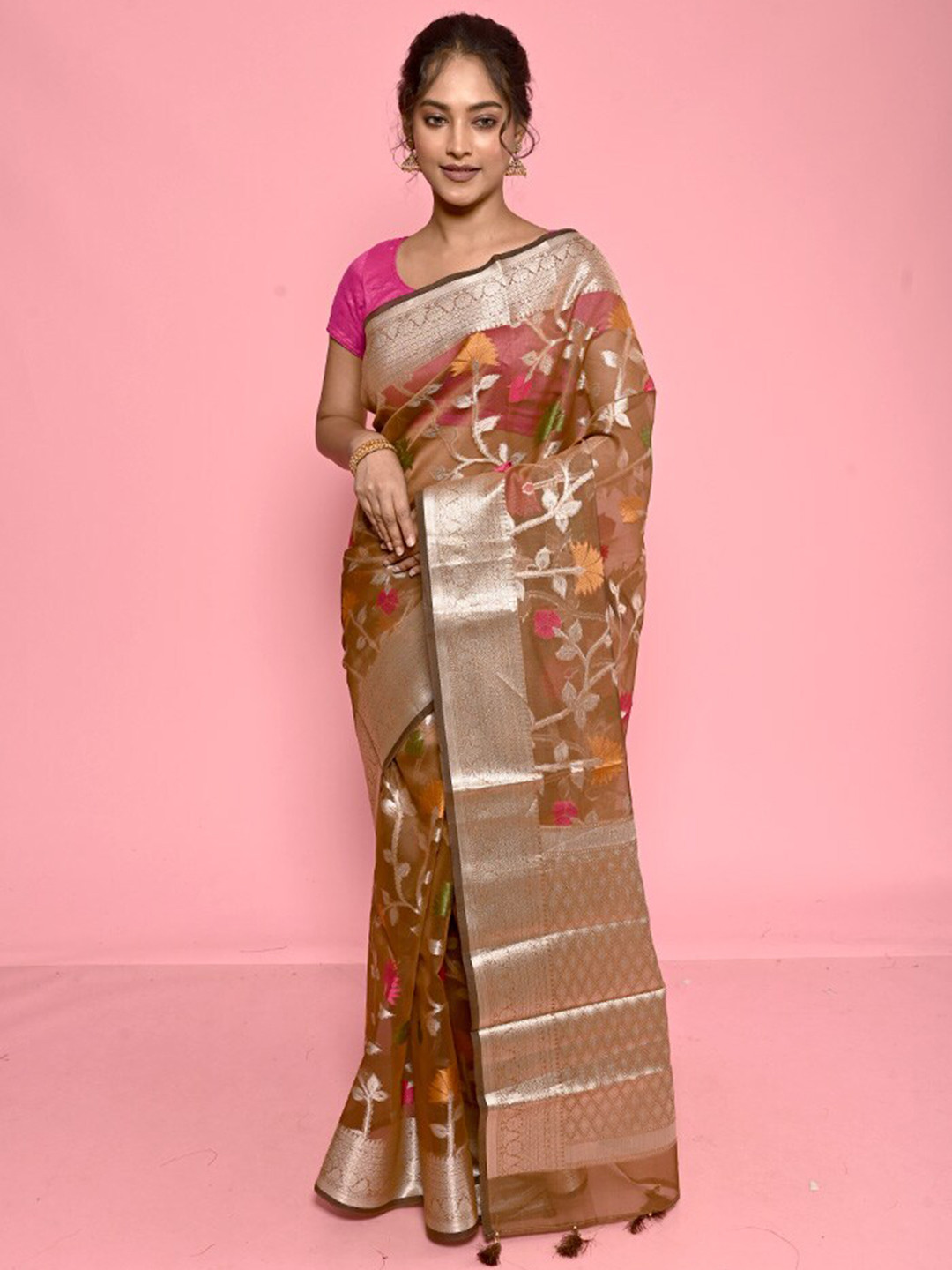 

AllSilks Floral Woven Design Zari Organza Saree, Brown