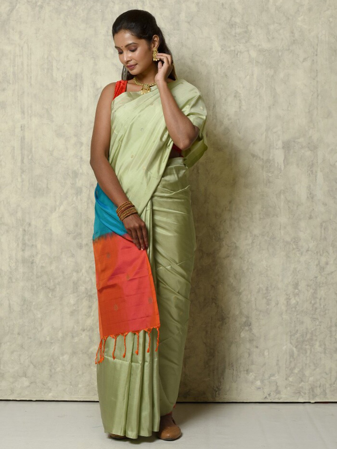 

AllSilks Colourblocked Pure Silk Kanjeevaram Saree, Green