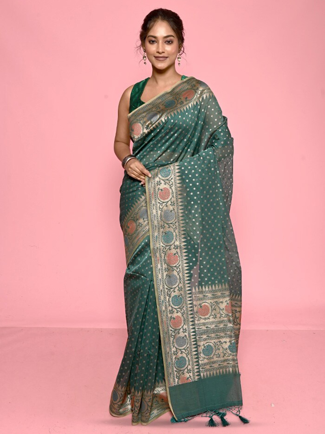 

AllSilks Ethnic Motifs Woven Design Zari Silk Cotton Saree, Green