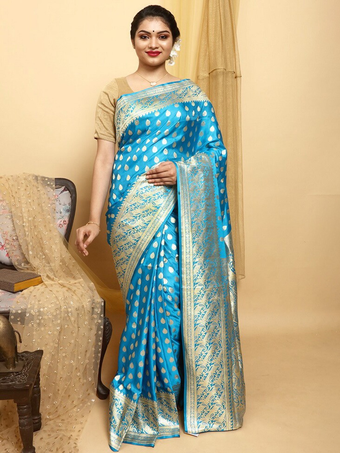 

AllSilks Ethnic Motifs Woven Design Zari Pure Silk Banarasi Saree, Blue