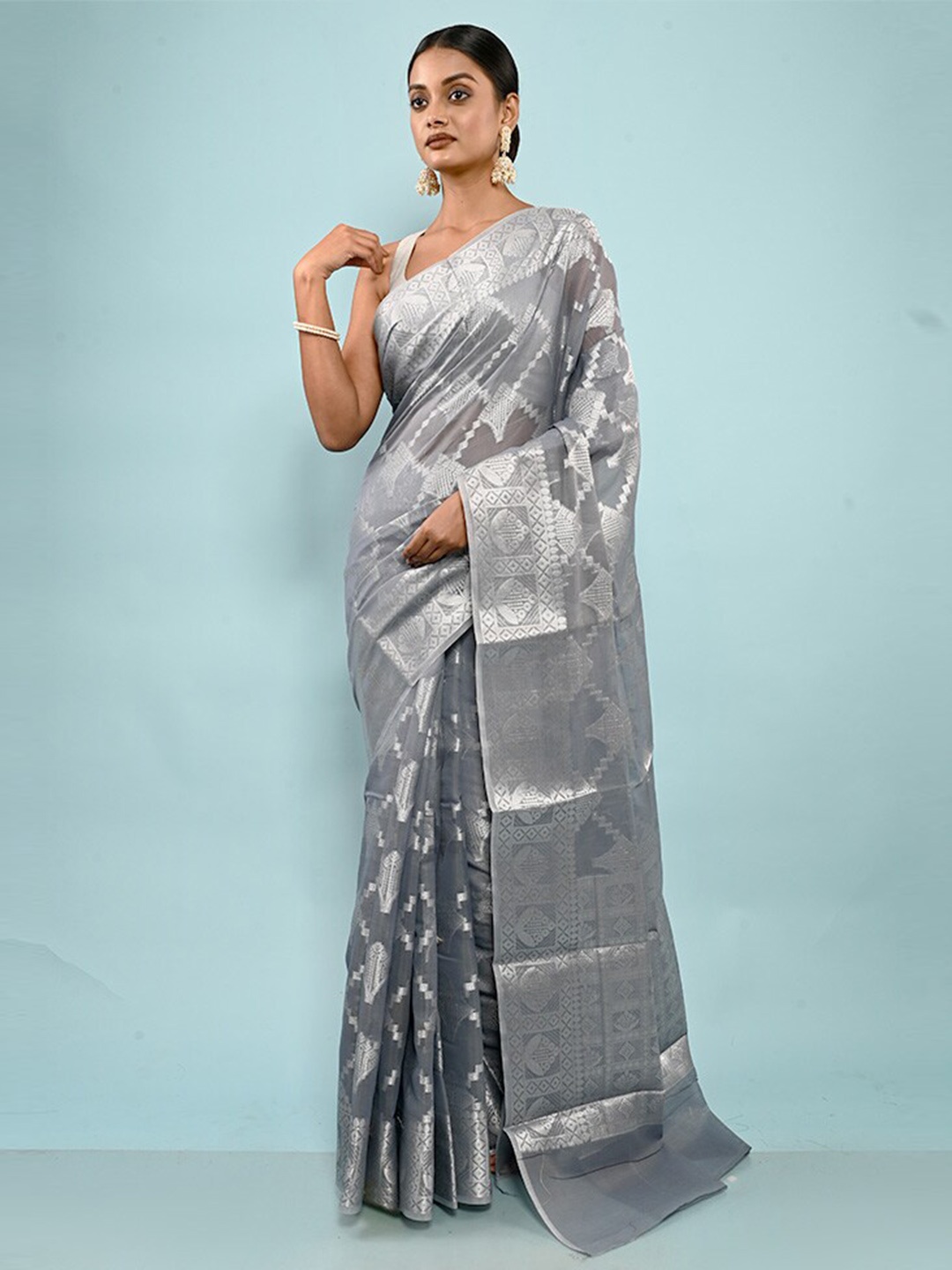

AllSilks Ethnic Motifs Woven Design Zari Silk Cotton Saree, Grey