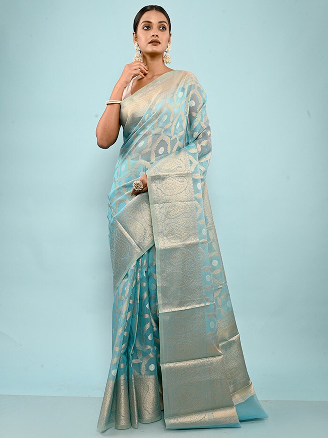 

AllSilks Ethnic Motifs Woven Design Zari Kora Silk Saree, Blue