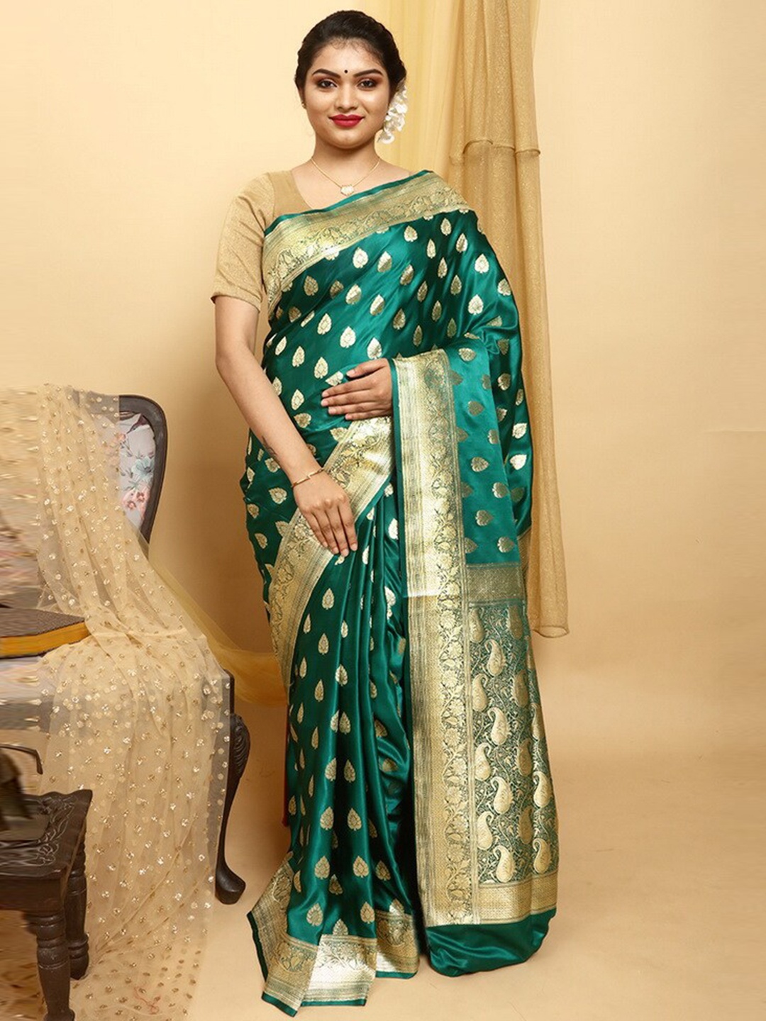 

AllSilks Woven Design Pure Silk Banarasi Saree, Green