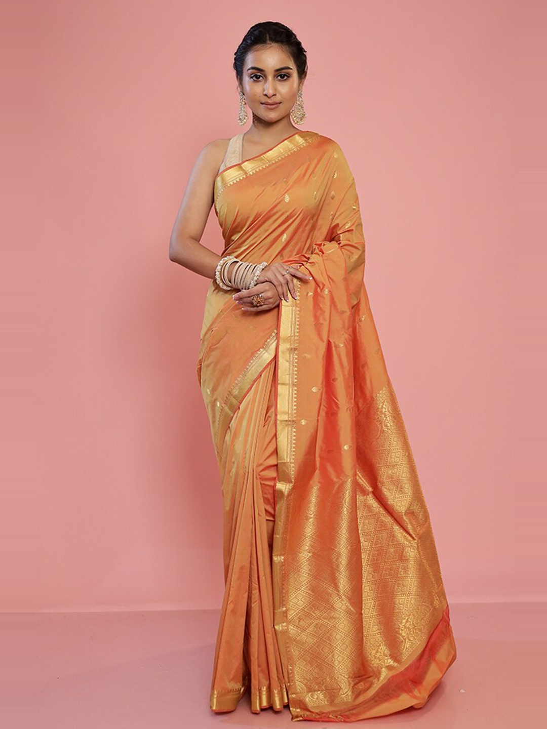 

AllSilks Woven Design Silk Blend Kanjeevaram Saree, Orange