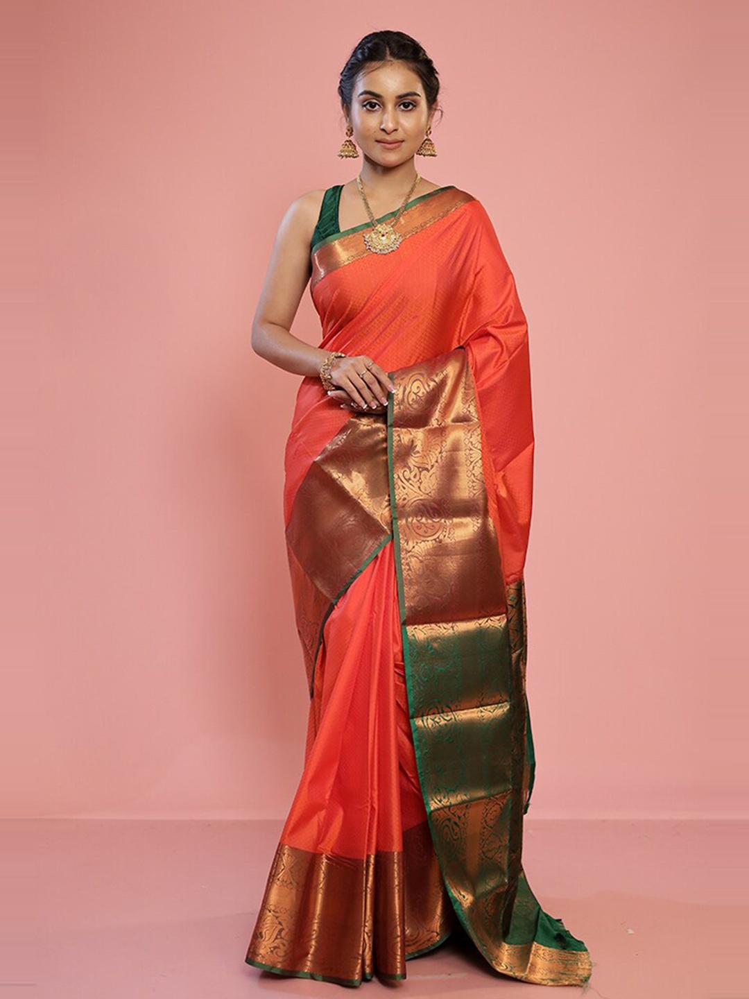 

AllSilks Woven Design Silk Blend Kanjeevaram Saree, Rust