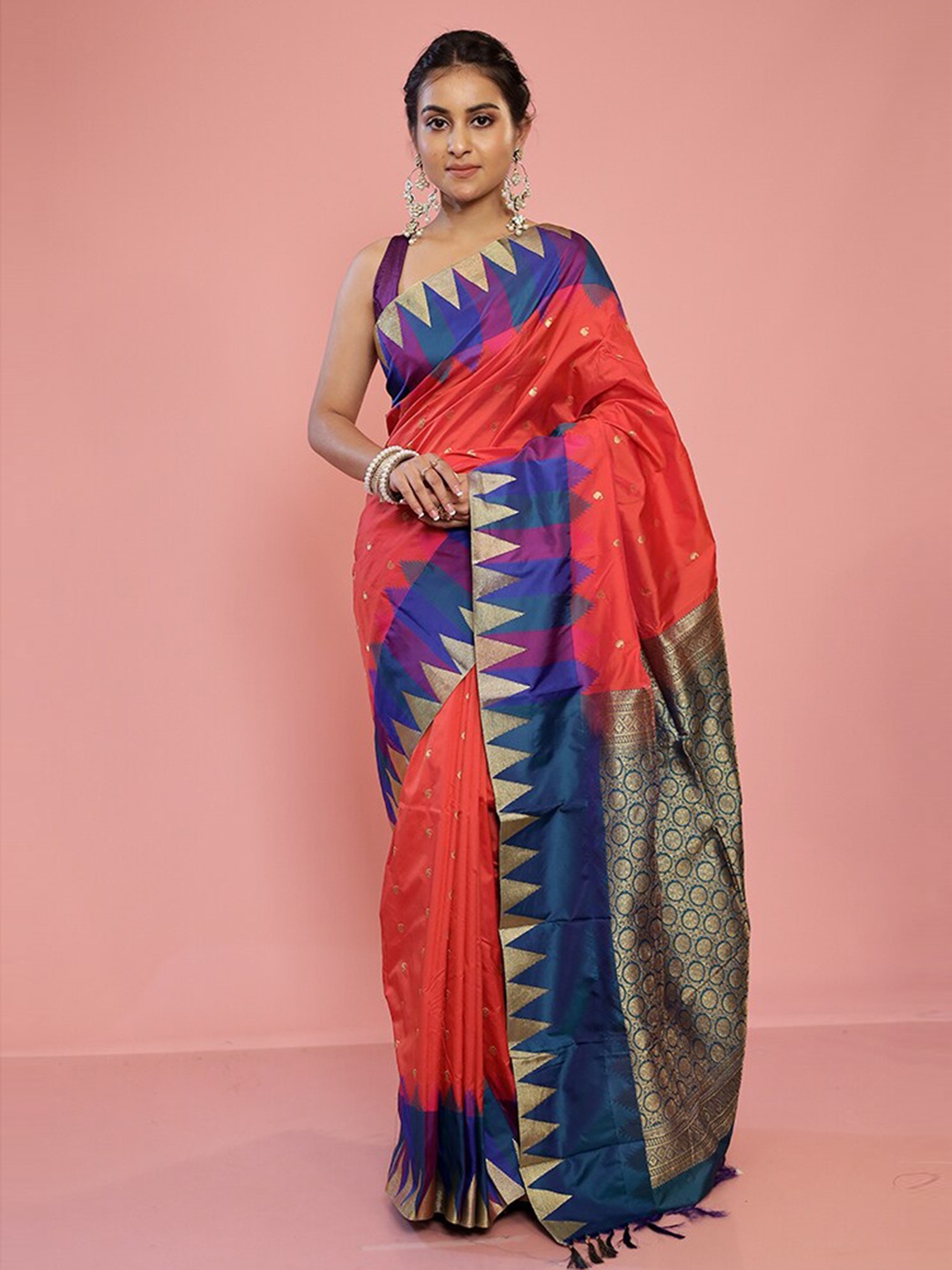 

AllSilks Paisley Woven Design Silk Blend Kanjeevaram Saree, Pink