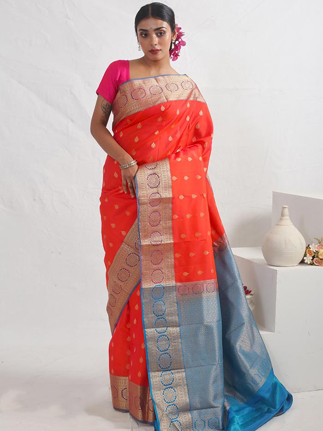 

AllSilks Woven Design Silk Blend Kanjeevaram Saree, Orange
