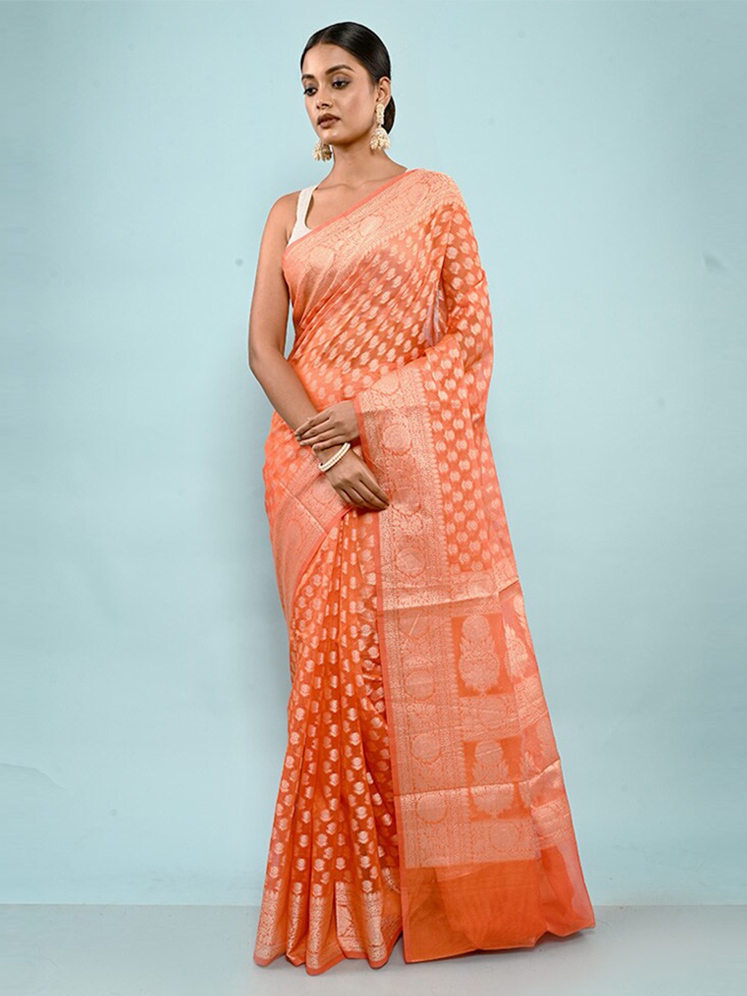 

AllSilks Ethnic Motifs Woven Designed Zari Silk Cotton Saree, Rust