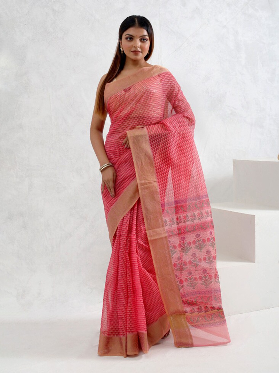 

AllSilks Geometric Printed Zari Pure Cotton Saree, Pink