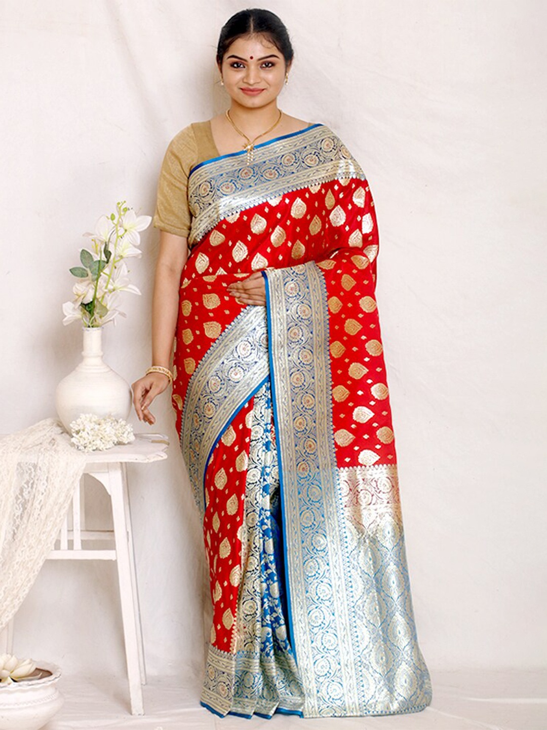 

AllSilks Ethnic Motifs Woven Designed Zari Banarasi Saree, Red