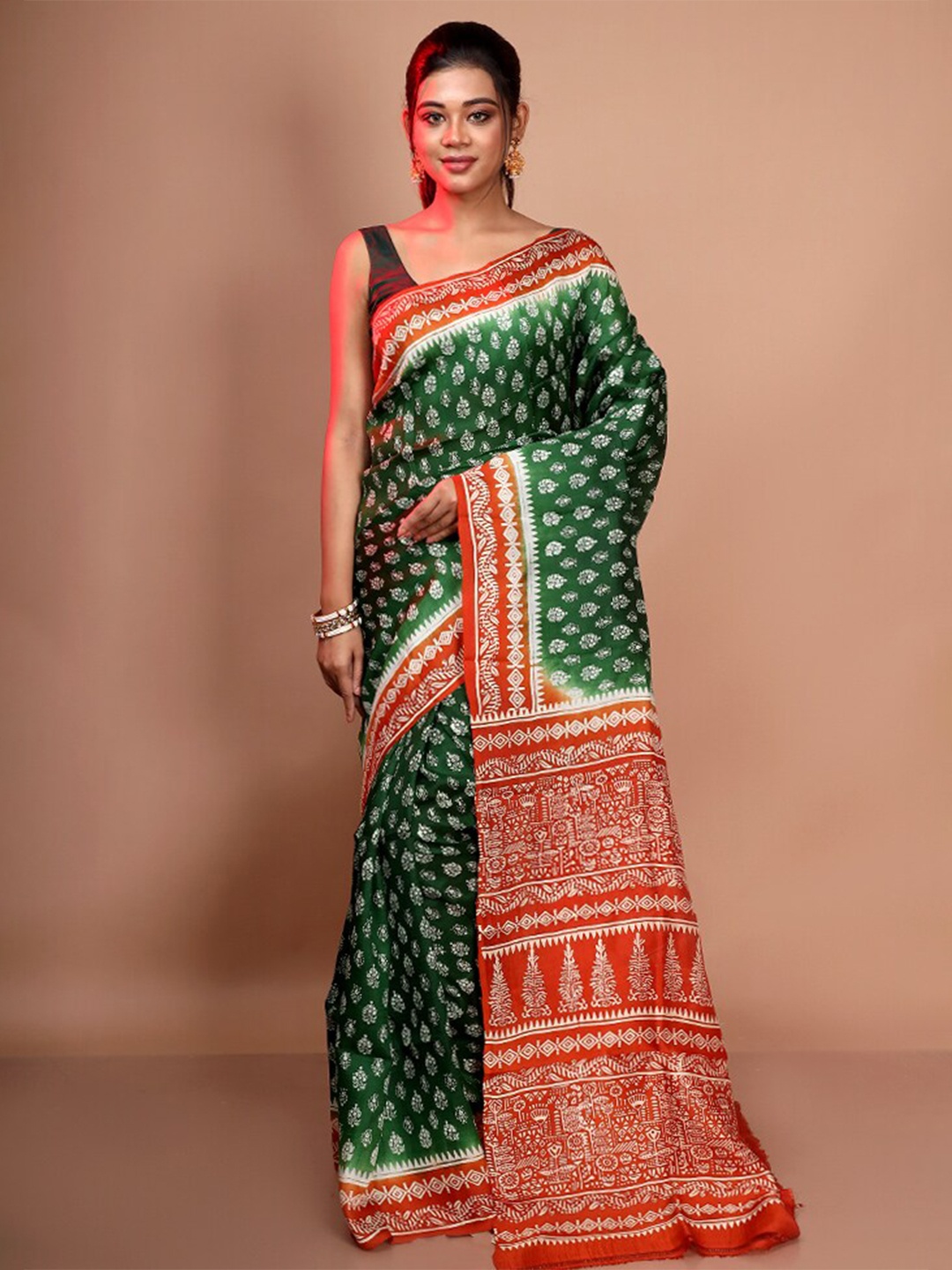 

AllSilks Ethnic Motifs Printed Pure Silk Murshidabad silk Saree, Green