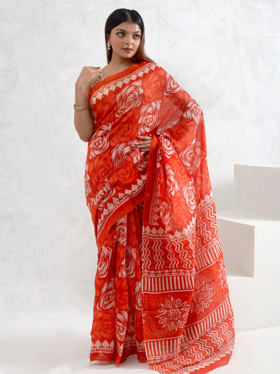 

AllSilks Abstract Printed Silk Cotton Chanderi Saree, Orange