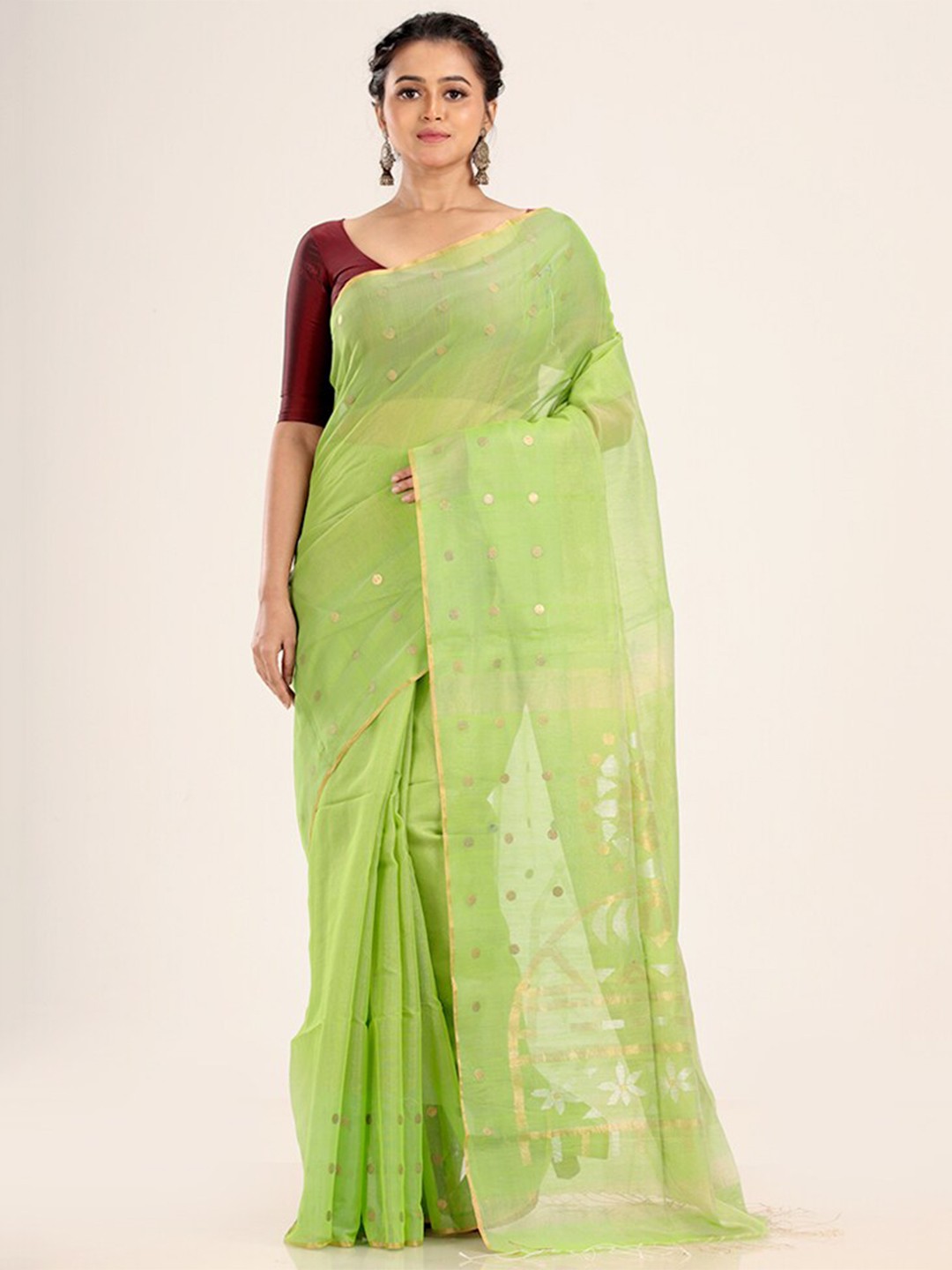 

AllSilks Geometric Woven Design Silk Cotton Saree, Green