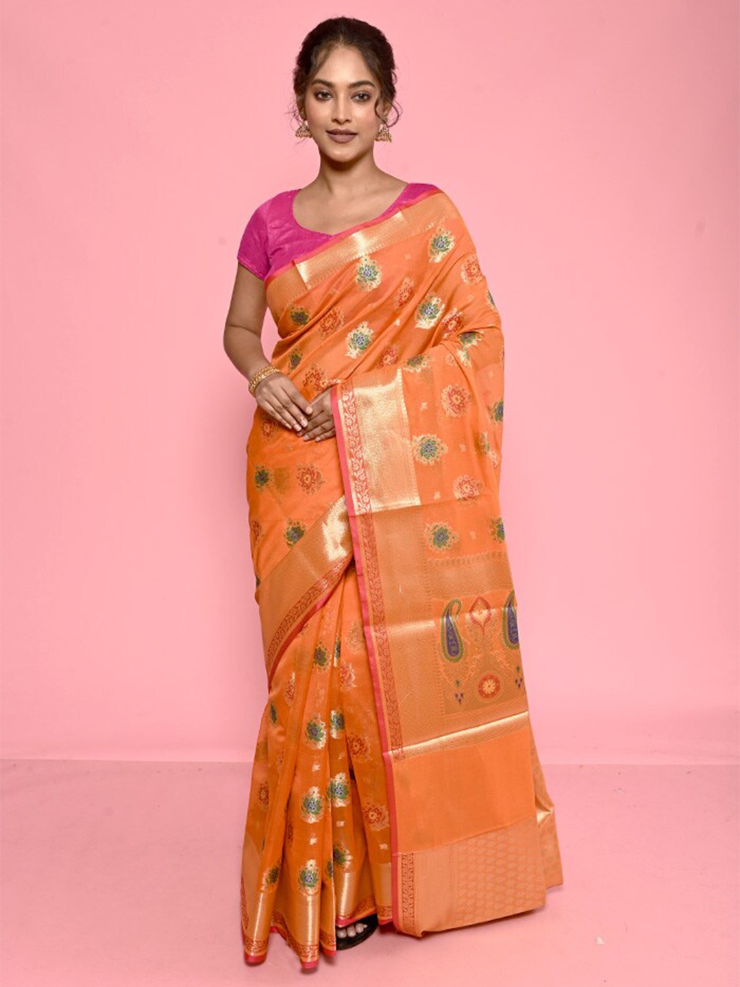 

AllSilks Woven Design Zari Silk Cotton Saree, Orange