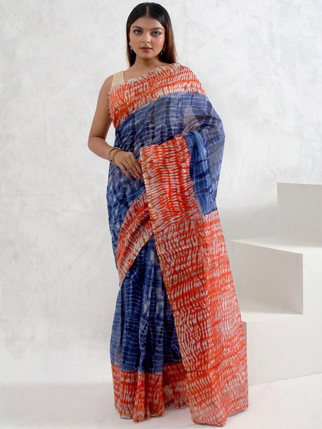 

AllSilks Tie & Dyed Silk Cotton Chanderi Saree, Blue