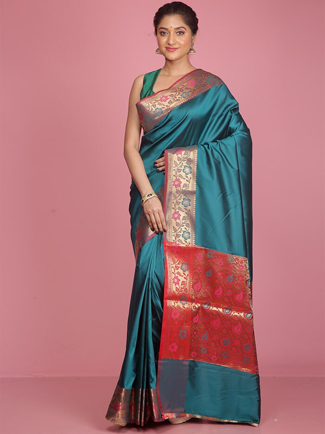 

AllSilks Floral Woven Design Saree, Green