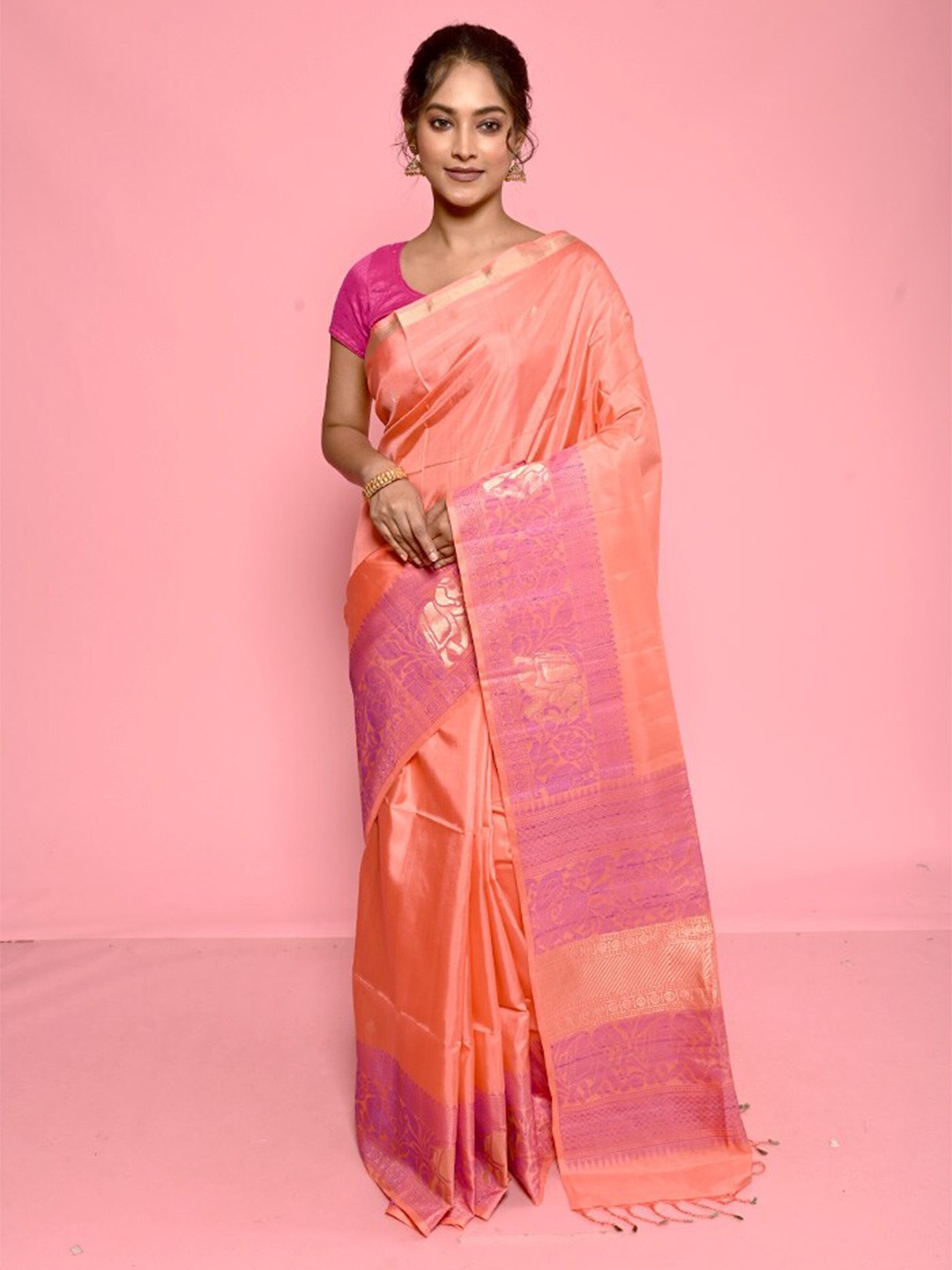 

AllSilks Ethnic Motifs Woven Design Pure Silk Kanjeevaram Saree, Peach