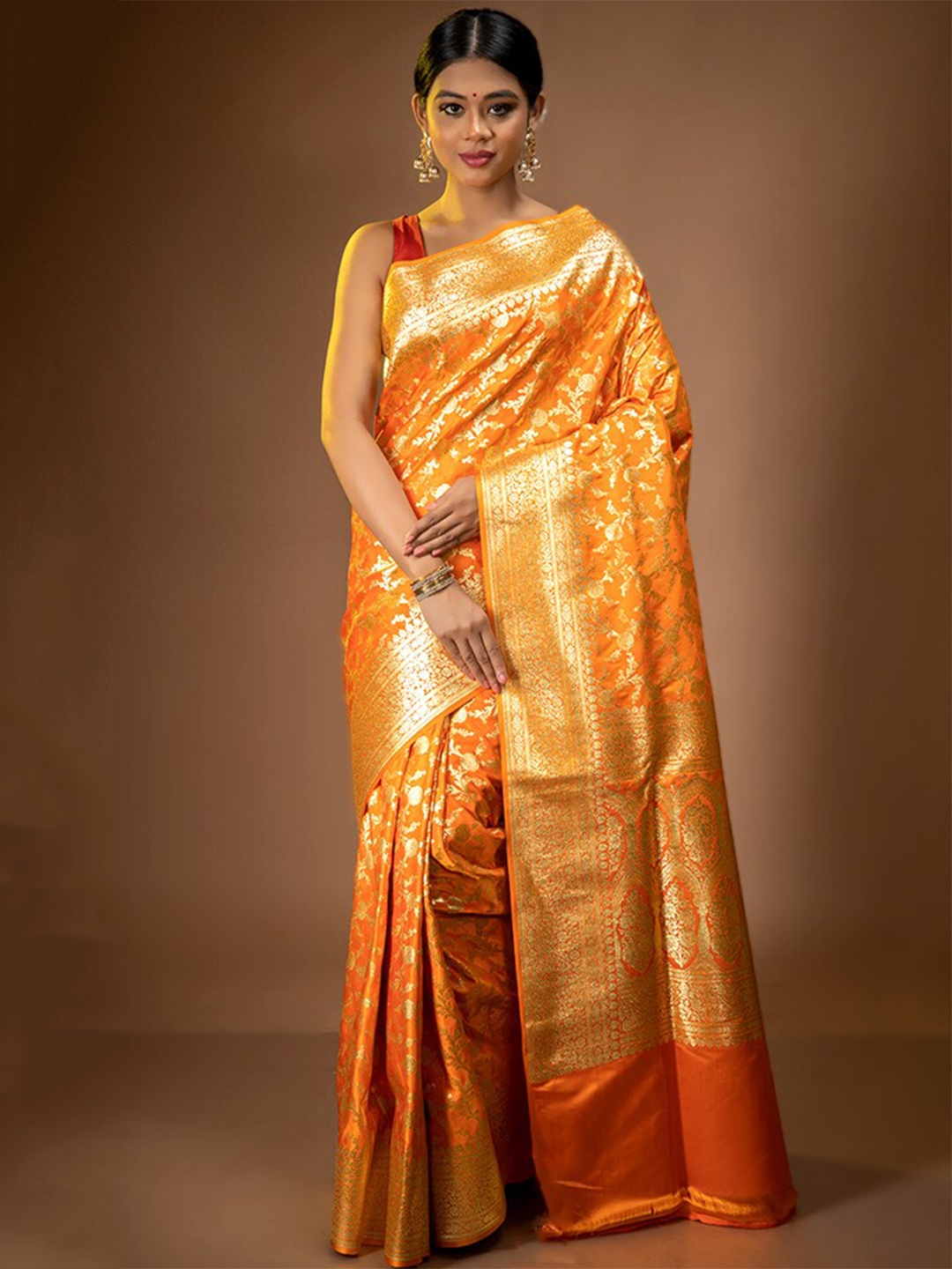 

AllSilks Floral Woven Design Zari Saree, Orange