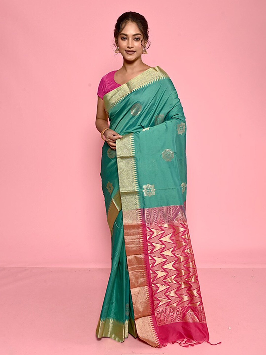 

AllSilks Ethnic Motifs Woven Design Zari Pure Silk Kanjeevaram Saree, Green