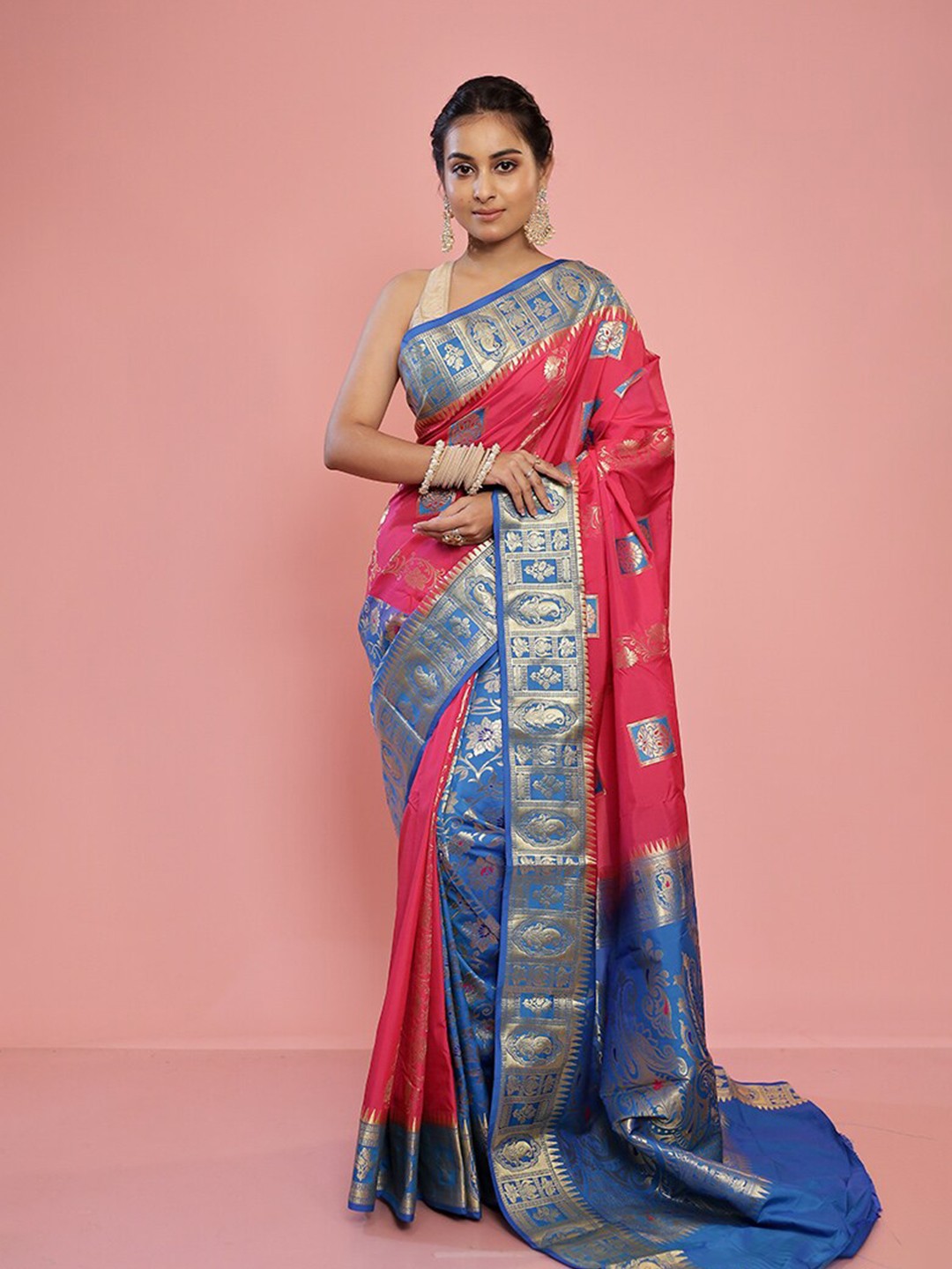 

AllSilks Ethnic Motifs Woven Design Zari Pure Silk Kanjeevaram Saree, Pink