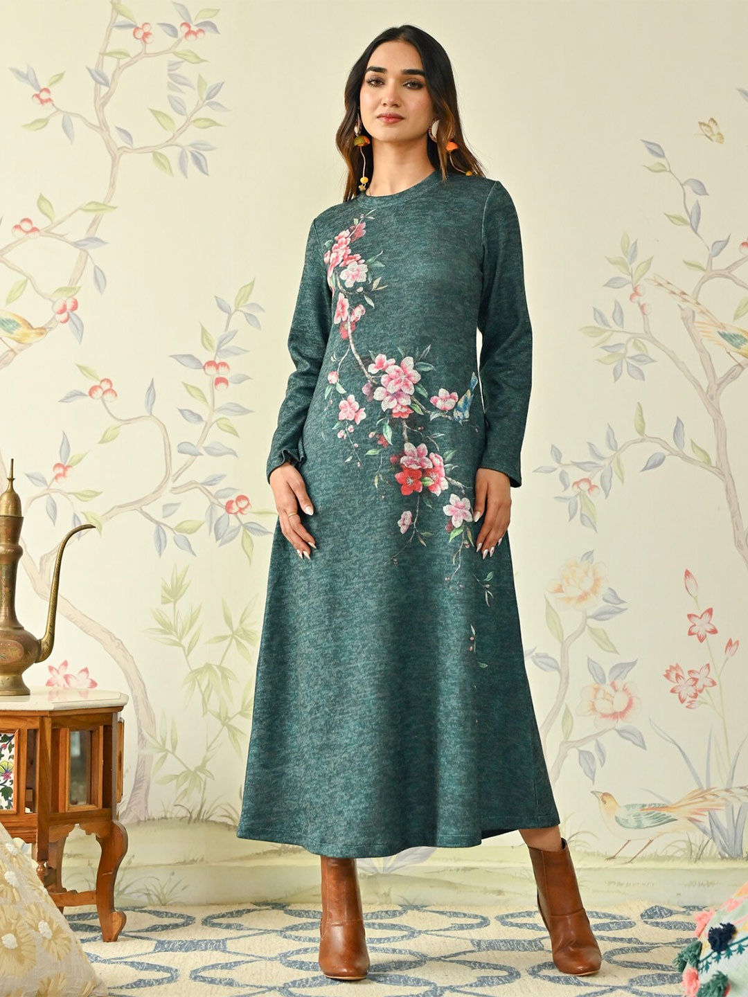 

Rustorange Floral Printed A-Line Midi Dress, Green