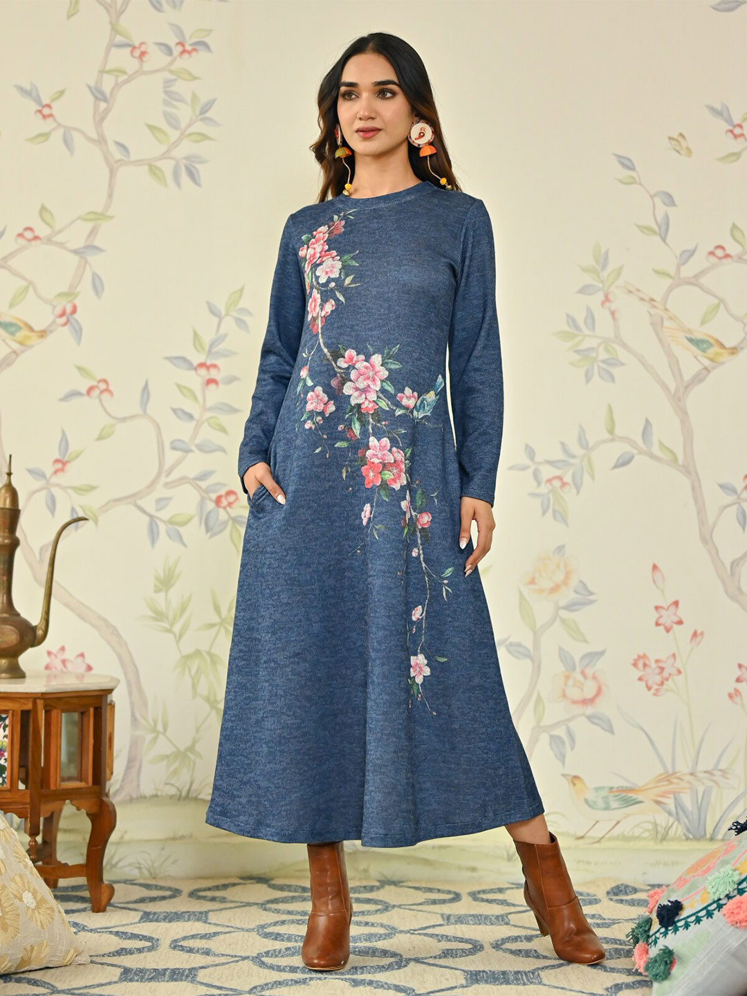 

Rustorange Floral Printed A-Line Midi Dress, Navy blue