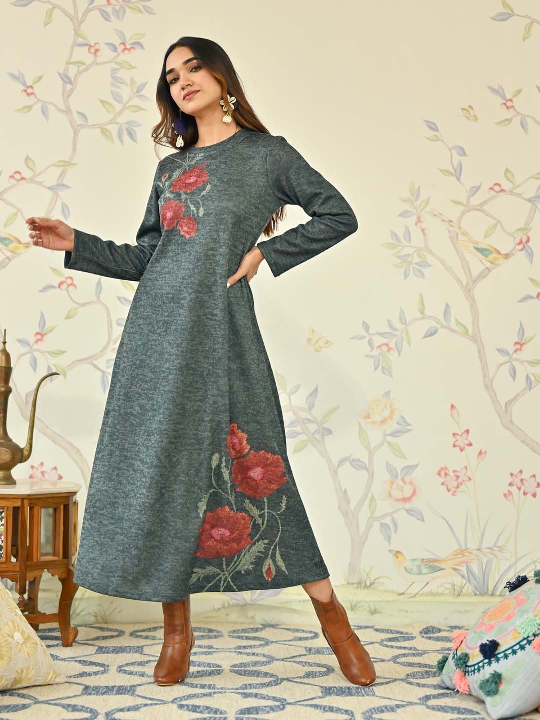 

Rustorange Floral Printed A-Line Midi Dress, Green