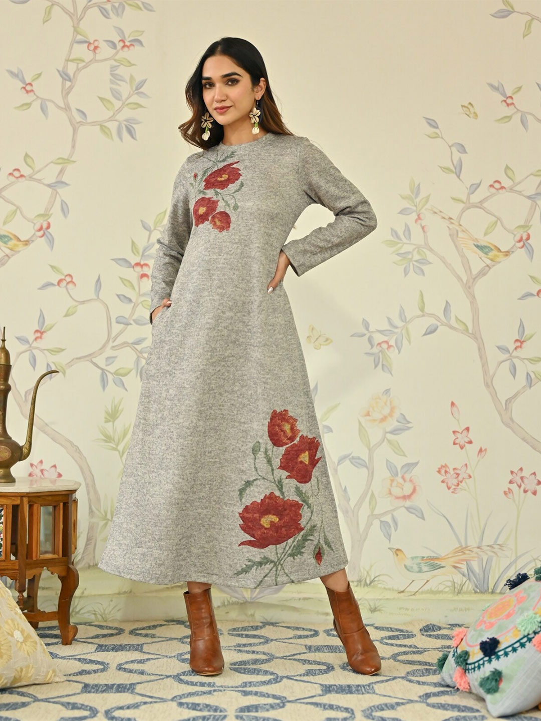 

Rustorange Floral Printed A-Line Midi Dress, Off white