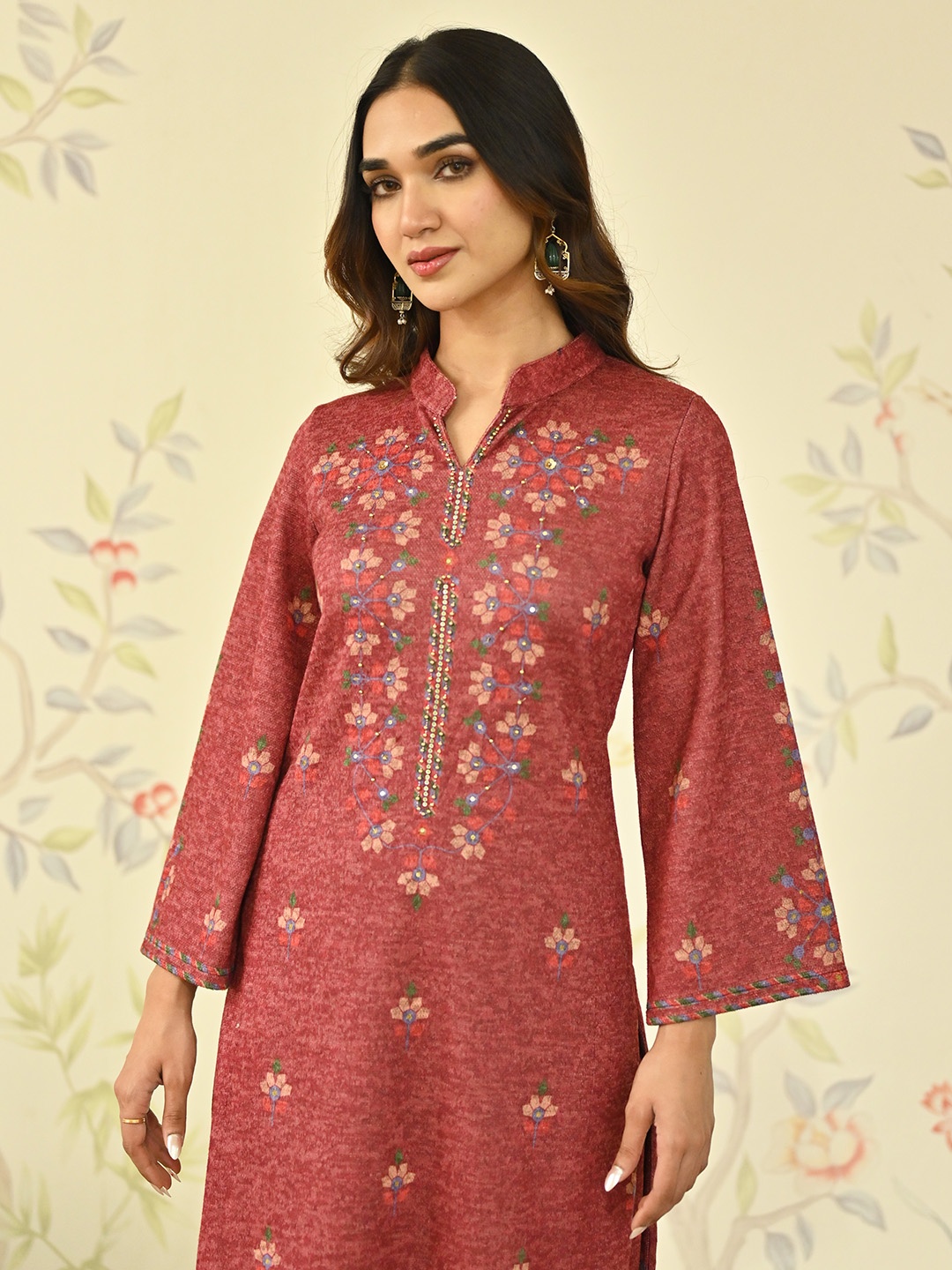 

Rustorange Floral Printed Beads & Stones Regular Kurta, Maroon