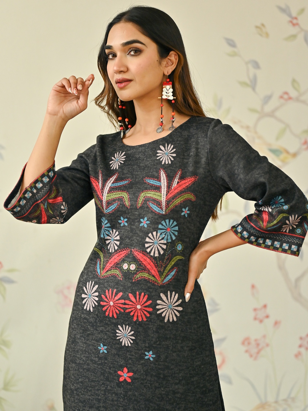 Rustorange Floral Printed Woollen Kurta, Black