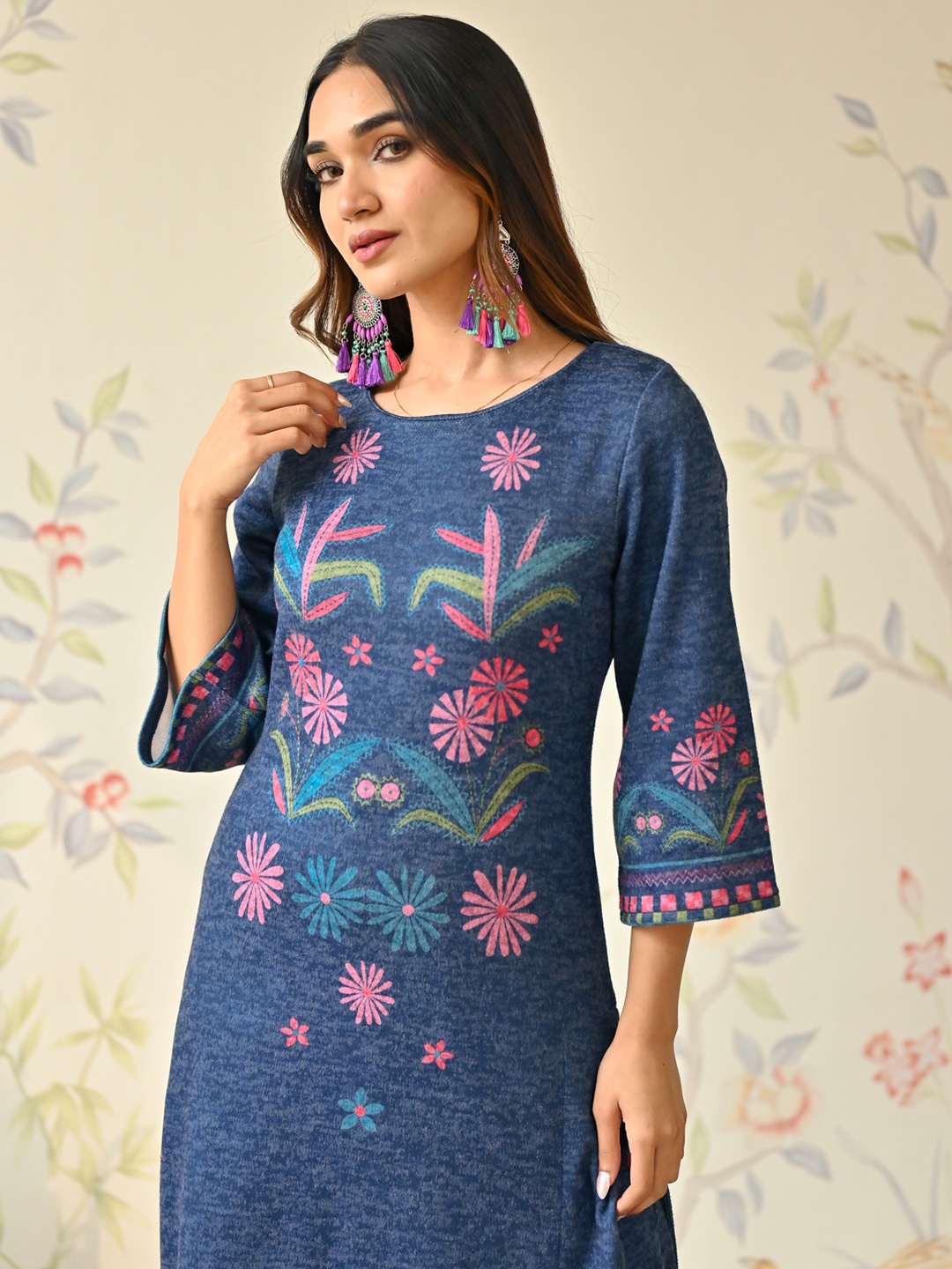 

Rustorange Tribal Printed Three-Quarter Sleeve Straight Woollen Kurta, Blue