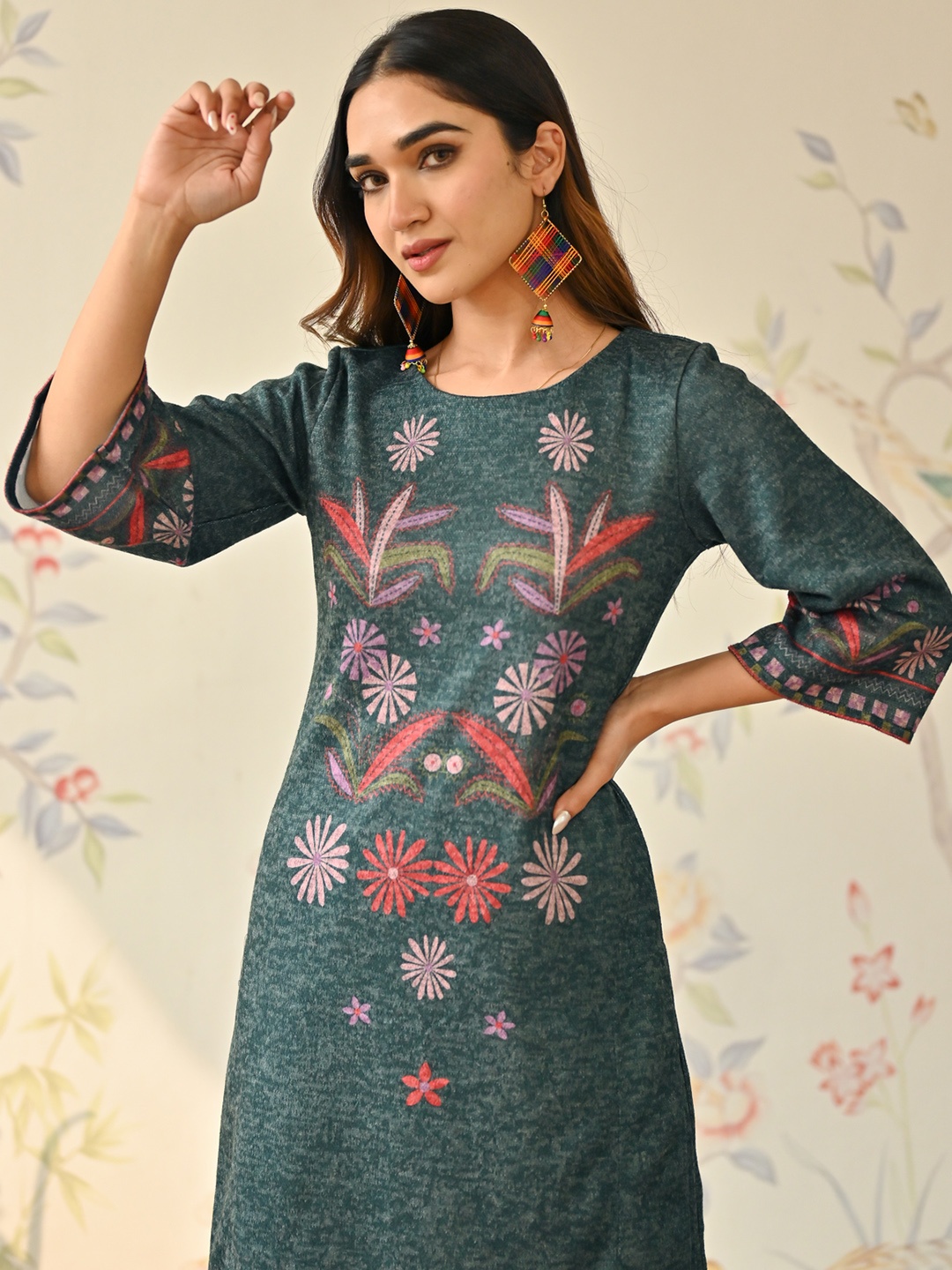 

Rustorange Floral Printed Woollen Kurta, Green
