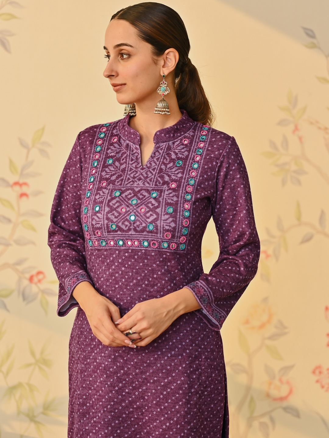 Rustorange Floral Printed Woollen Kurta, Purple