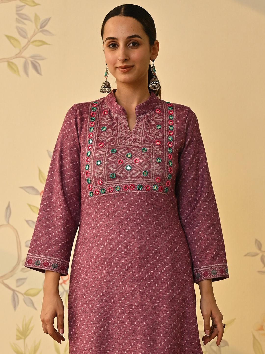 Rustorange Floral Printed Woollen Kurta, Mauve