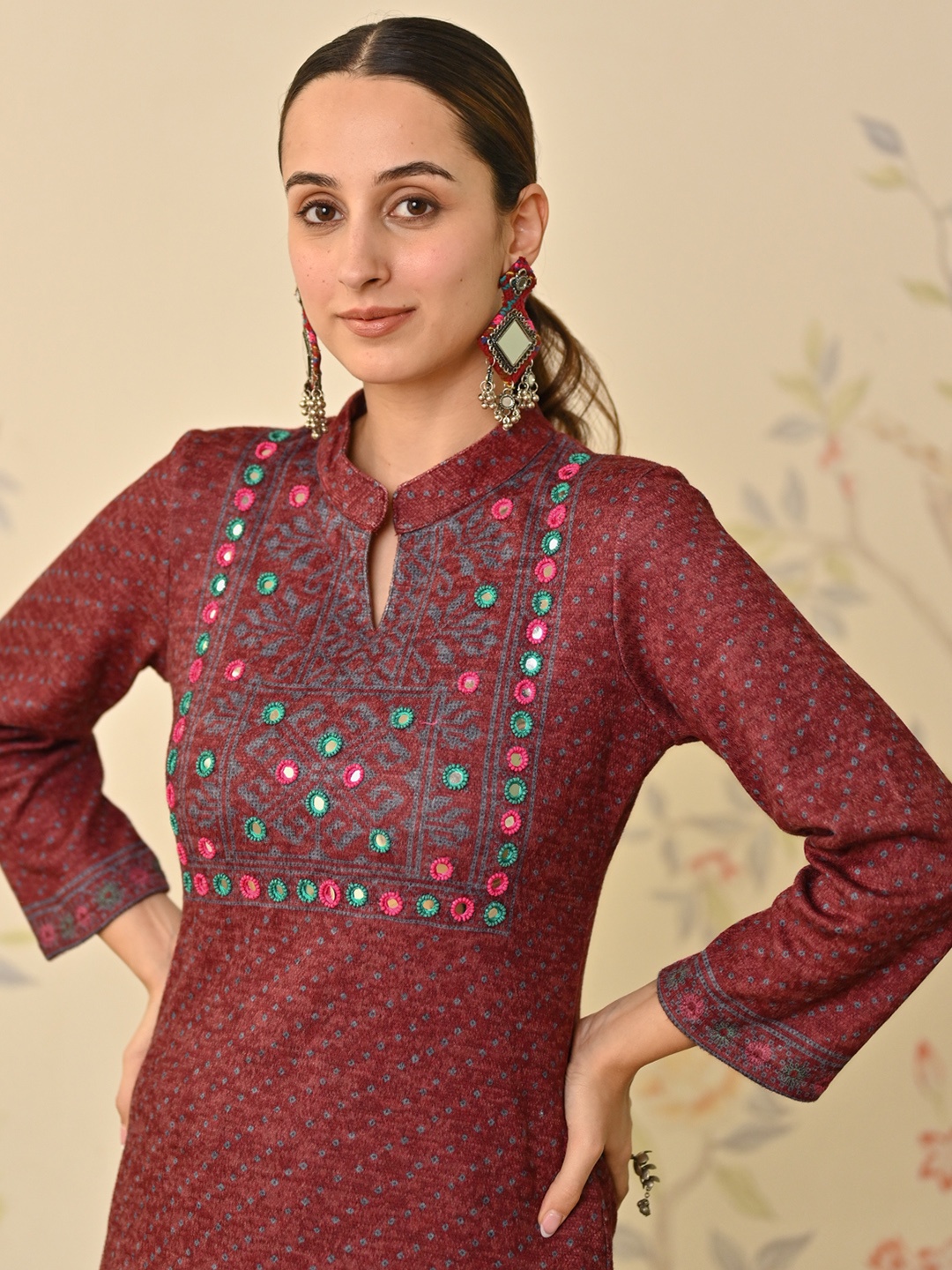 Rustorange Floral Printed Woollen Kurta, Maroon