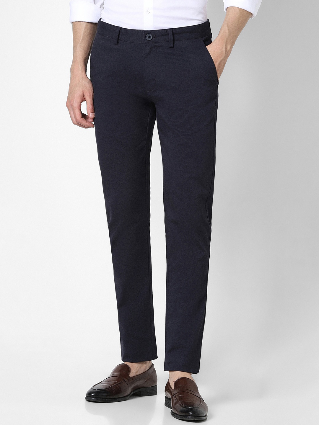 

Peter England Casuals Men Mid-Rise Slim Fit Cotton Trousers, Navy blue