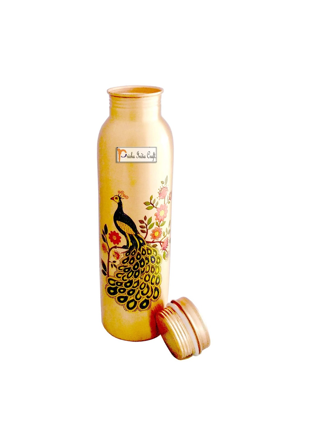 

PRISHA INDIA CRAFT Brown Printed Copper Water Bottle 1 L, Gold