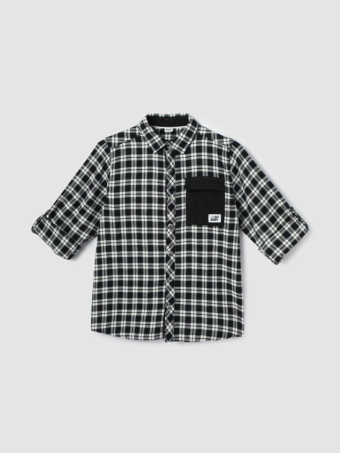 

max Boys Others Checks Spread Collar Roll-Up Sleeves Cotton Casual Shirt, Black