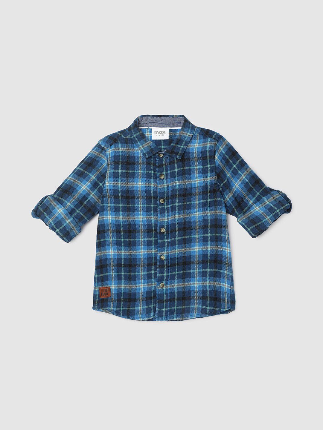 

max Boys Tartan Checks Spread Collar Roll-Up Sleeves Cotton Casual Shirt, Blue