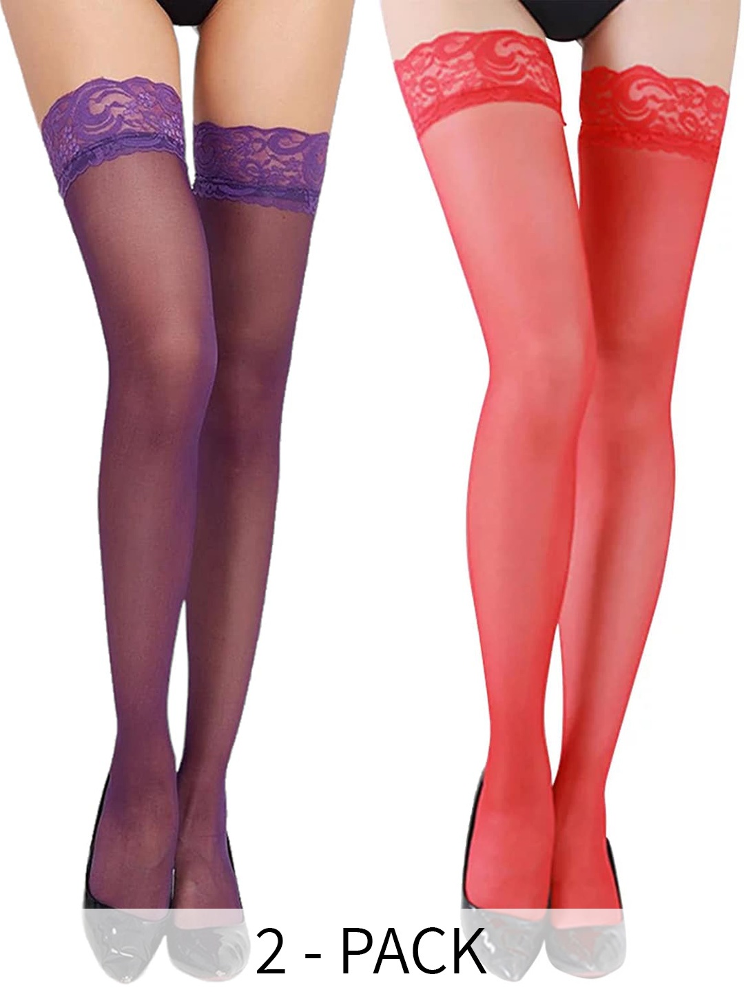 

BAESD Pack Of 2 High Thigh Sheer Stockings, Red