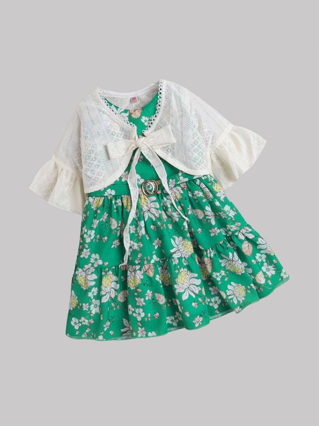 

The Magic Wand Girls Floral Printed Fit & Flare Dress With Shrug, Green