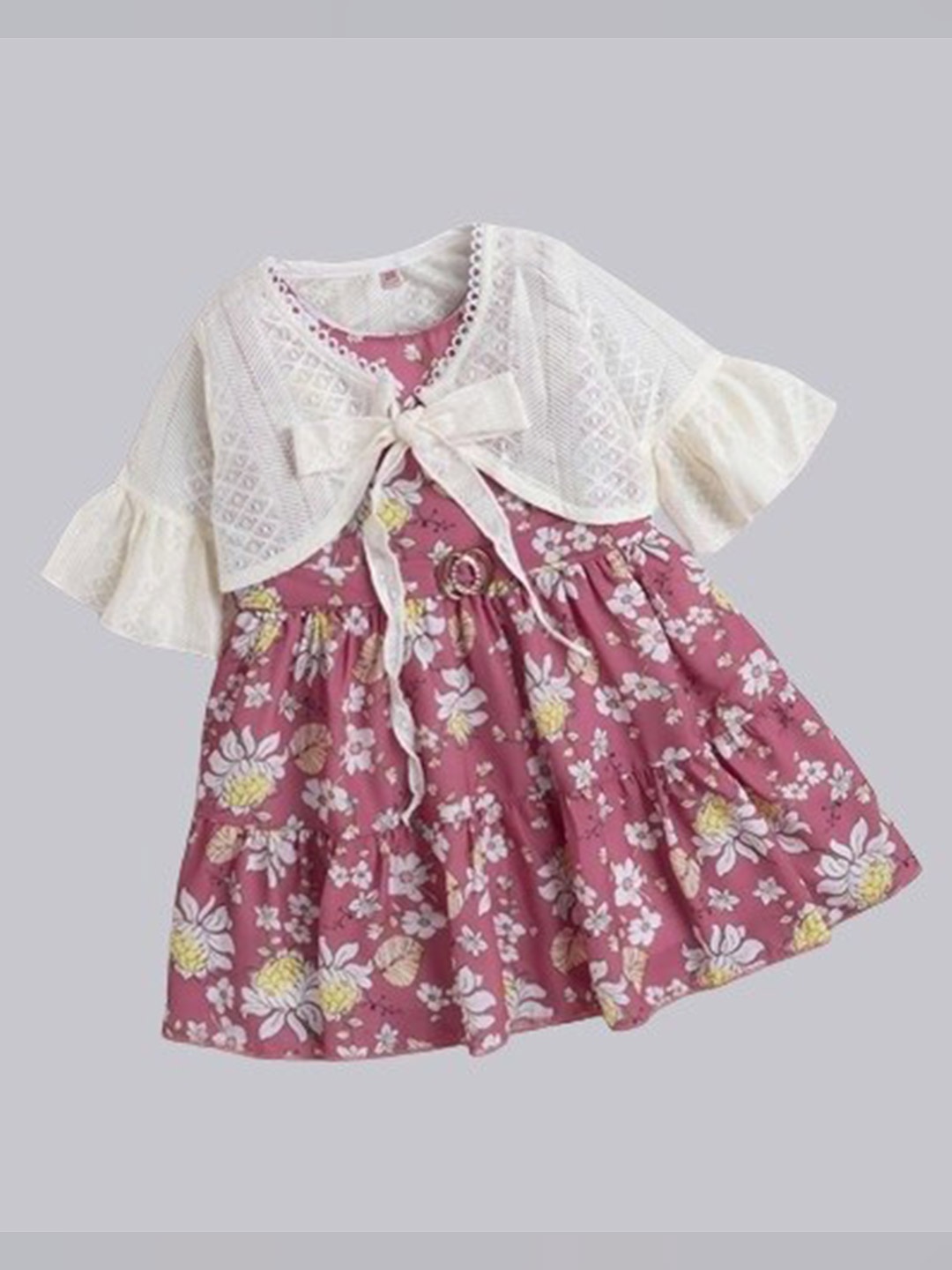 

The Magic Wand Girls Floral Printed Fit & Flare Dress With Shrug, Pink